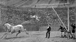 Clown Prints: Clown learning to ride bare-back horses, c. 1888