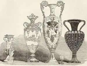 19th Prints: A collection of examples of Sevres porcelain on display in an exhibition of French manufacturing at 13 Hanover Square