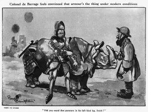 Commanding Prints: Colonel de Barrage and his armour, Bairnsfather cartoon, WW1