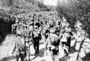 Introduced Prints: Column of Russian soldiers marching to the Balkan front