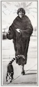 1923 Prints: The Comtesse de Pourtales and her pet lemur out for a walk