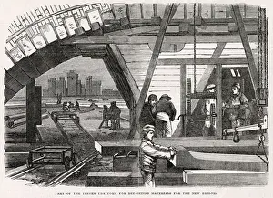 1850s Prints: Construction of the new bridge : part of the platform for depositing materials
