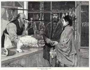 Shop Prints: Couple in a butchers buying a goose for their Christmas dinner. Date: 1882