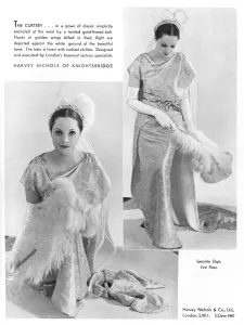 Head Dress Prints: A court dress to curtsey in from Harvey Nichols, 1935