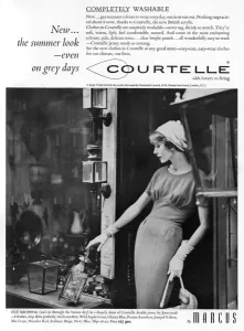 Shopping Prints: Courtelle advertisement, Marcus dress 1959
