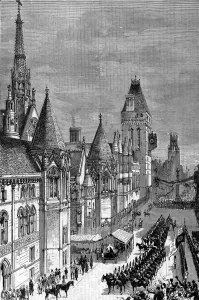 Prints of The arrival of the Royal Cortege at the principal entrance of the Royal Courts of Justice for the opening ceremony of the new buildings. Date: 1882 February Prints: COURTS OF JUSTICE 1882