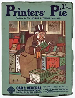 John Prints: Front cover of Printers Pie magazine for 1915 featuring an elderly gentleman reading a