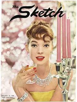 Evening Prints: Cover of The Sketch featuring model wearing Cartier jewels