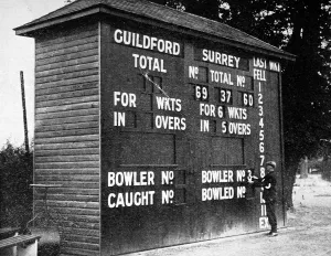 Cricket Prints: Cricket Scoreboard at Guildford, Surrey, 1938