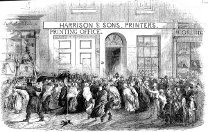 1854 Prints: Crowd outside the London Gazette Office, London, 1854