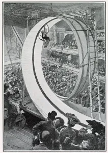 Music Prints: Cyclist Vanderwoort loops the loop at the Olympia Music Hall, Paris. Date: 1903