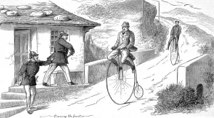 European Prints: Cyclists at a European Frontier on a Penny Farthing