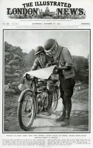 Mask Prints: Despatch-riders wearing gas-masks under their steel helmets