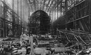 10th Prints: Destroyer on stock in a navy ship-building yard