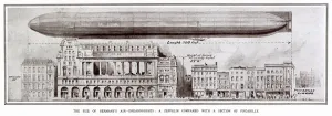 Size Prints: Diagram showing German air-dreadnought, zeppelin compared to a section of buildings in