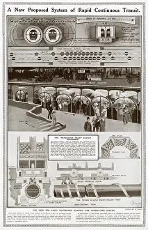 Route Prints: Diagram showing a proposed the never-stop train system described as electric cars mounted on tubular shaft along a