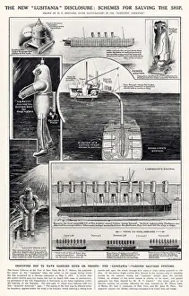 1920s Prints: Diagrams showing various salvage systems where the Lusitania would be lifted and towed with the sea-bed raised