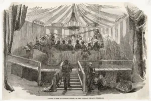 1854 Prints: Dinner in the Iguanodon model, Crystal Palace, Sydenham