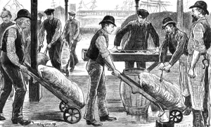 Dock Prints: Dockers unload sugar at the West India Docks, London