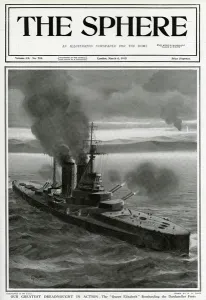 Firing Prints: Dreadnought Queen Elizabeth in action by G. H. Davis