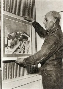 1955 Prints: Edward Bawden hanging his painting of Waltham Cross