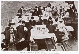 Coaches Prints: Edwardian men an women sitting on top of the coaches having luncheon