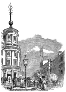 Prints of Engraving showing the electric clock and time-ball (on left) erected in the West Strand, London, 1852 November Prints: Electric Clock and Time-Ball, Strand, London, 1852