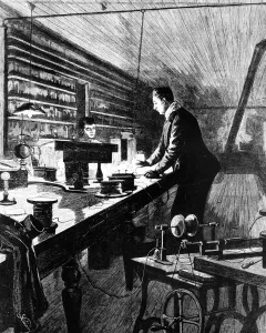 Laboratory Prints: The electric light- Mr Edison in his laboratory: a sketch fr