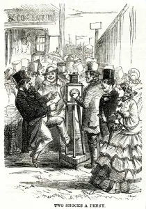 Prints of Shocks for fun among the sideshows at Epsom racecourse on Derby Day Date: 1860 December Prints: Electric Shocks, Epsom 1860