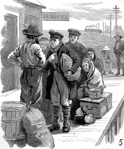 December Prints: Emigrants arriving at a train station in the Mid-West of Ame