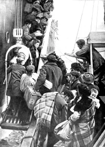 Liner Prints: Emigrants boarding a ship for the USA, 1909