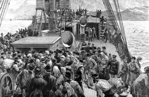 Steamer Prints: Emigration. On Board an Emigrant Ship. The Breakfast Bell