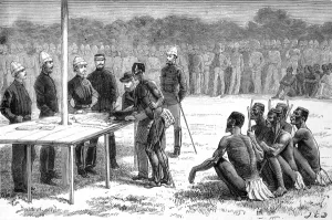 July Prints: The end of the Zulu war. Zulu chiefs signing the peace stipu