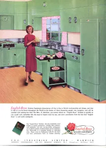 1952 Prints: English Rose kitchen advert, woman with desserts