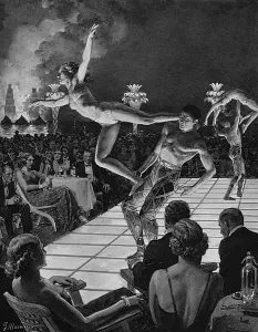 Gymnastics Prints: Entertainment at Monte Carlo beach by Matania
