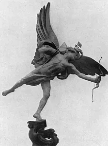 Patriotic Prints: Eros in Piccadilly Circus with flags on his head, WW1