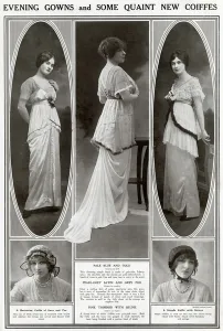 Satin Prints: Evening dresses and some quaint coiffes 1913