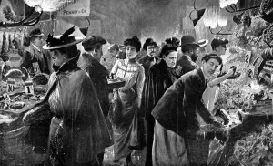 Prints of Illustration showing a Saturday evening market scene in Le Quartier Francais in Soho, London, 1906 November Prints: Evening Market in Soho, London, 1906