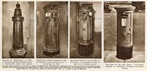 19th Prints: Four examples of pillar boxes (or post boxes): a fluted example with a dome and crown