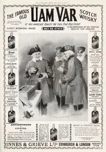 Advertisements Prints: The Famous Old Uam Var Scotch Whisky. Advert featuring a birthday among the Chelsea