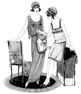 Charming Prints: Fashionable ladies discussing a set of undergarments
