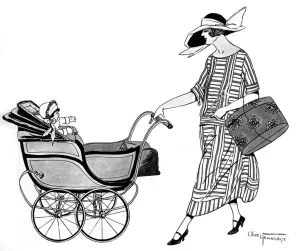 Shopping Prints: Fashionable lady pushing her child in a fine pram