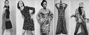 Long Prints: Five fashions from the 1960s. From l-r: Sleeveless plum