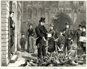 Feeding Prints: Feeding pigeons in the Guildhall Yard, City of London 1877