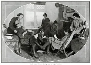 Army Prints: Female land army workers resting after a full day 1918
