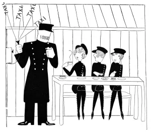 Huts Prints: Female taxi drivers in cab shelter, WW1 by Annie Fish