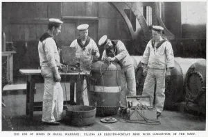 Prints of Filling an electro-contact mine with gun-cotton in the Navy. Date: August 1914 June Prints: Filling an electro-contact mine with gun-cotton in the Navy. Date: August 1914