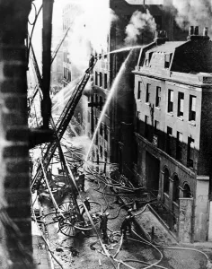 Prints of Photograph showing members of the London Fire Brigade tackling a blaze at Samuel Ward and Co.s paint and varnish warehouse in Great Guildford Street, Southwark, August 1926 November Prints: Fire in Southwark, London, 1926