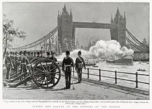 Opens Prints: Firing the salute at the opening of Tower Bridge, London. Date: 30th June 1894