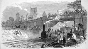 Manchester Prints: First locomotive, passing Great Grimsby Church